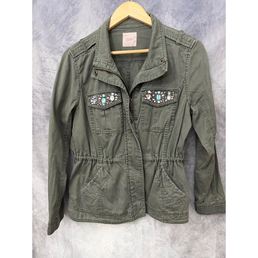 Candie's Womens Olive Green Utility Jacket Beaded Jewel Embellished Cotton L Y2K